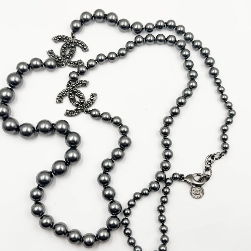 Chanel Gunmetal CC Scatter Pearl Gray Pearl Long Necklace 100 Year Anniversary